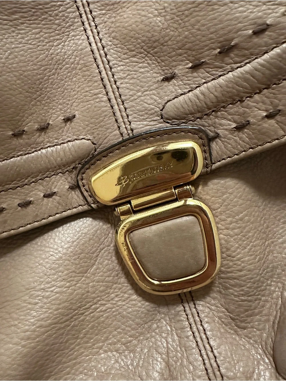 b. makowsky Vintage Taupe and Brown Leather Shoulder Bag with Gold Hardware